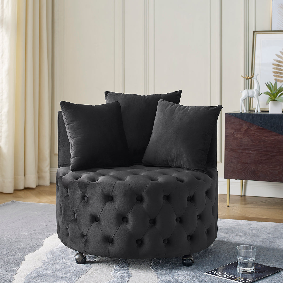 Velvet Upholstered Swivel Chair for Living Room, with Button Tufted Design and Movable Wheels, Including 3 Pillows, Black W48790917-djyc