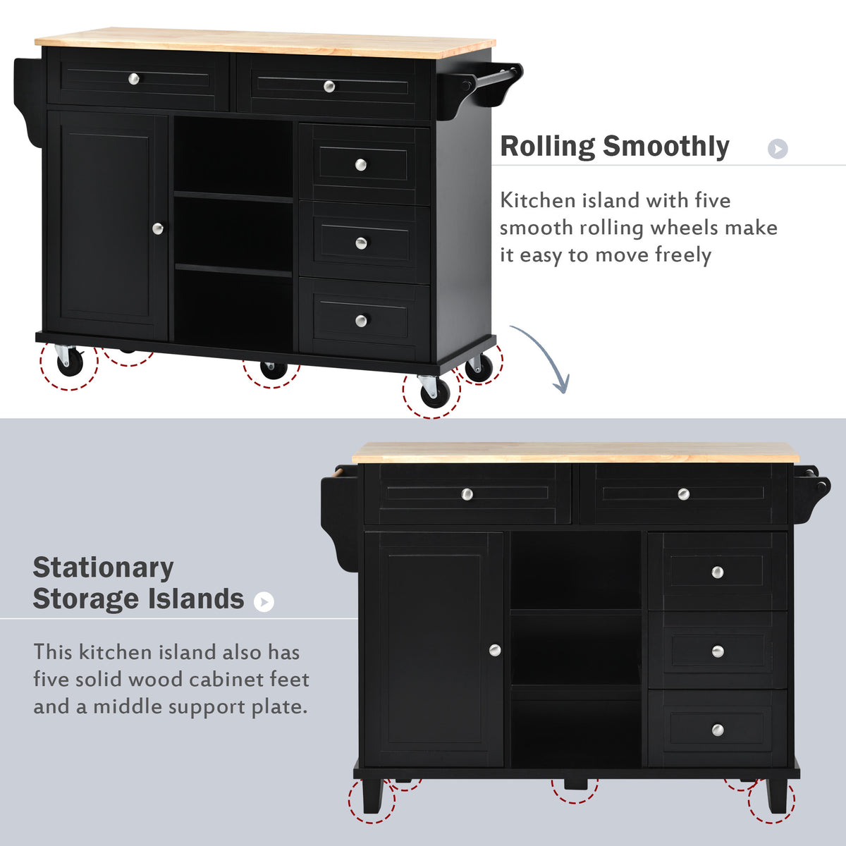 Kitchen cart with Rubber wood desktop rolling mobile kitchen island with storage and 5 drawers 53 Inch length (Black) WF297003AAB-djyc