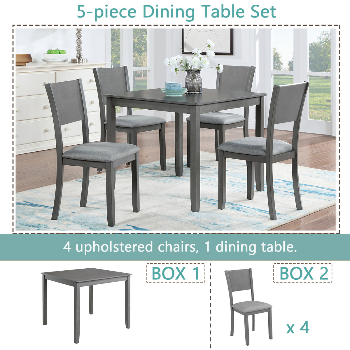 5 Piece Modern Dining Set, Square Wooden Dining Table with 4 Upholstered Chairs for Kitchen, Dining Room, Gray W1998S00056-djyc