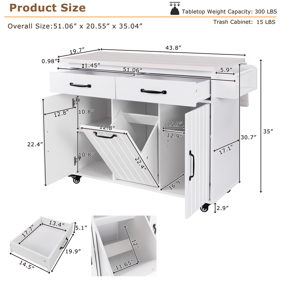 K&K Kitchen Island with Trash Can Storage Cabinet, Kitchen Cart with Drop Leaf, Spice Rack, Towel Rack and Drawer, Rolling Kitchen Island on Wheels with Adjustable Shelf, White WF326381AAW-djyc