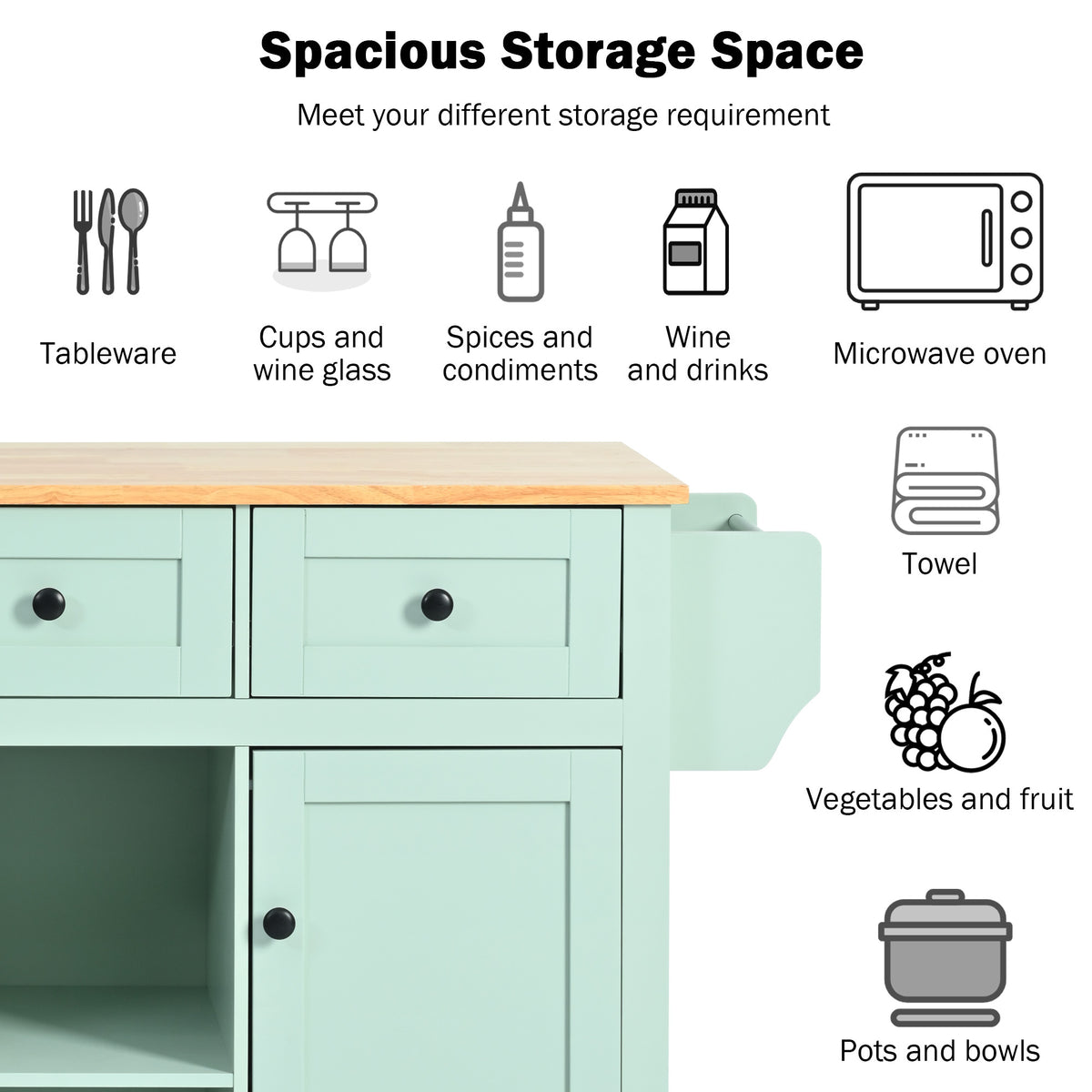 Kitchen Cart with Rubber wood Drop-Leaf Countertop ,Cabinet door internal storage racks,Kitchen Island on 5 Wheels with Storage Cabinet and 3 Drawers for Dinning Room, Mint Green WF298028AAE-djyc