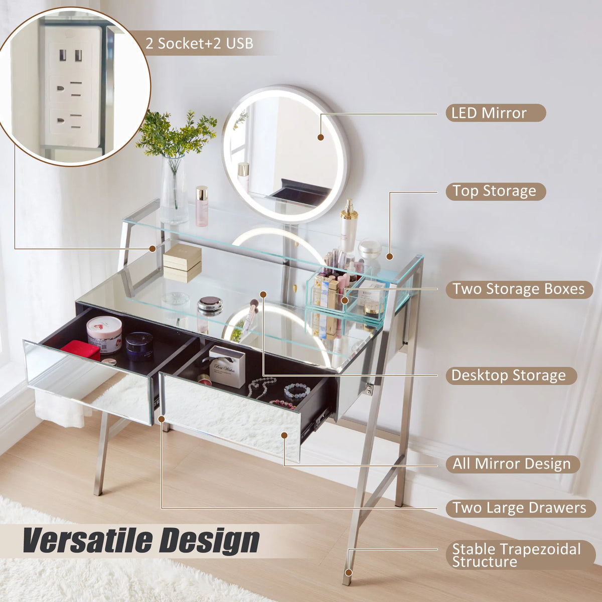 33.9" Mirrored Makeup Vanity Desk with Mirror and Lights, Mirrored Console Vanity Table with 2 Big Drawers & Open Shelf, Dressing Table with Charging Station for Bedroom, Silver FG202302AAA-djyc