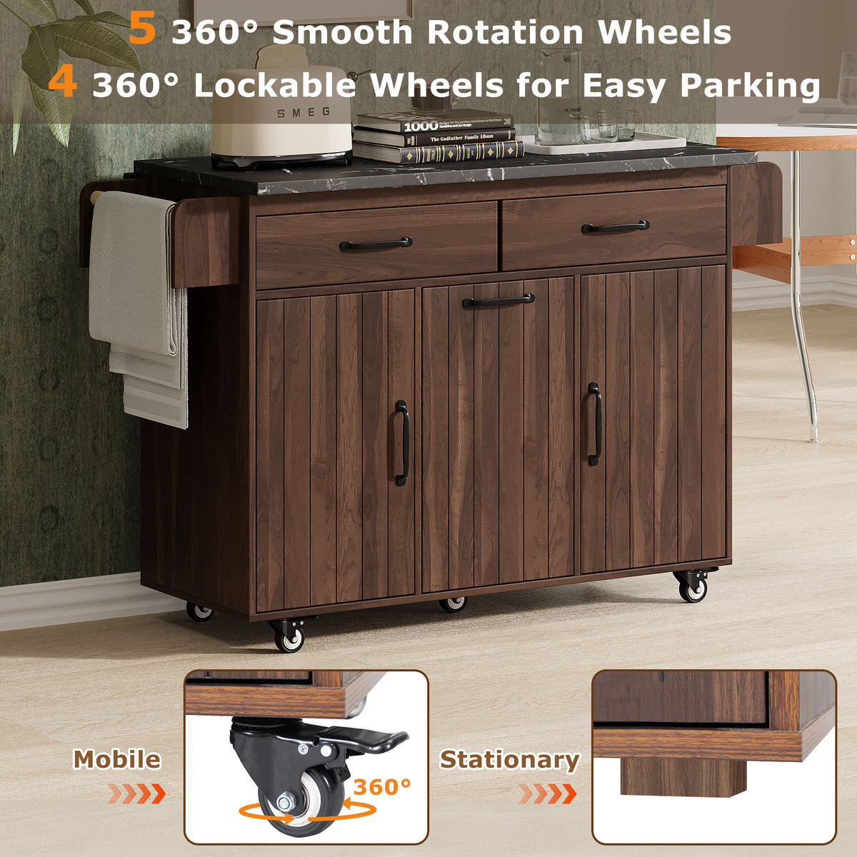 K&K Kitchen Island with Trash Can Storage Cabinet, Kitchen Cart with Drop Leaf, Spice Rack, Towel Rack and Drawer, Rolling Kitchen Island on Wheels with Adjustable Shelf, Walnut Brown WF326381AAZ-djyc