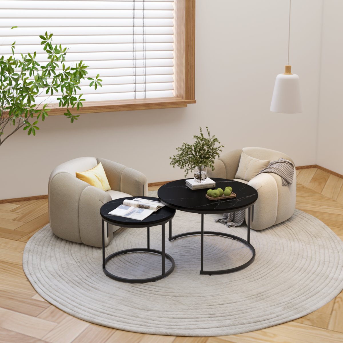 Nesting Coffee Table Set of 2, 27.6inch Round Coffee Table Wood Marble Pattern Top with Sturdy Metal Frame, End Table Side Tables for Living Room Bedroom Balcony Yard (Black) W808P176723-djyc