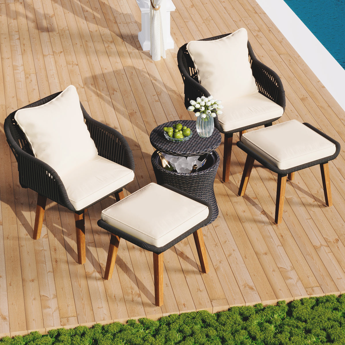 K&K 5 Pieces Patio Furniture Chair Sets, Patio Conversation Set With Wicker Cool Bar Table, Ottomans,Outdoor Furniture Bistro Sets for Porch,Backyard,Balcony,Poolside Black&Beige WF324995AAW-djyc