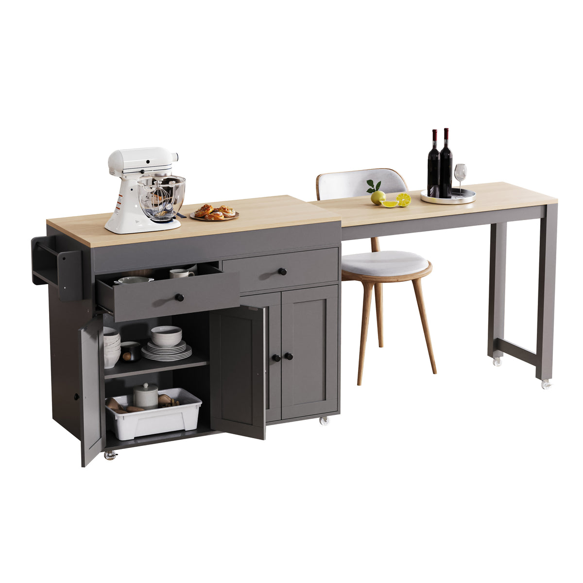 K&K 74.5 inch Kitchen Island with Extendable Dining Table , Rolling Kitchen Island on Wheels with Spice Rack and 2 Drawers,Kitchen Storage Cart with 4 Door Cabinet, for Kitchen, Dining Room, Grey N707S000009G-djyc