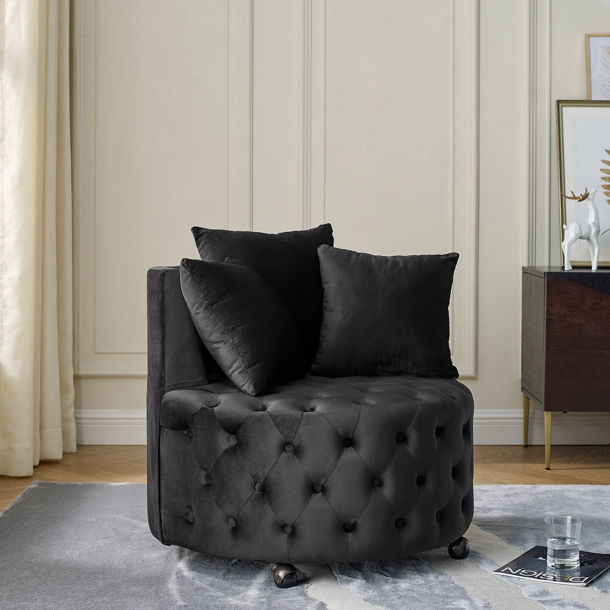 Velvet Upholstered Swivel Chair for Living Room, with Button Tufted Design and Movable Wheels, Including 3 Pillows, Black W48790917-djyc