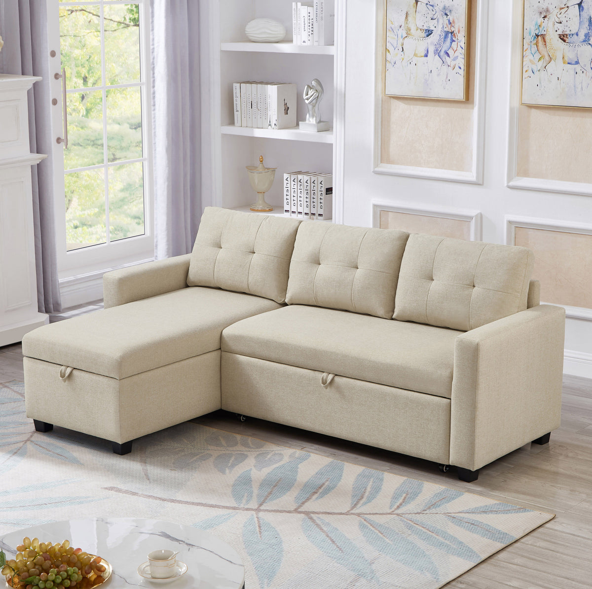 Upholstered Pull Out Sectional Sofa with Storage Chaise, Convertible Corner Couch, Beige W2336S00014-djyc