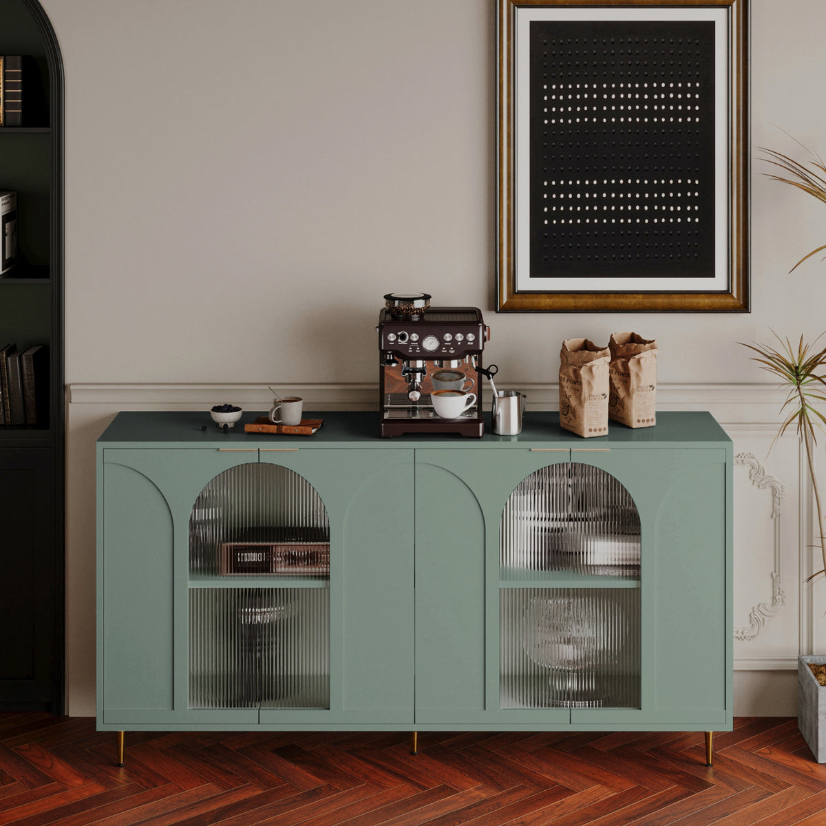 Accent Cabinet Lacquered Wooden Cabinet with 4 Glass Doors Sideboard Buffet Server Cabinet Storage Cabinet, for Living Room, Entryway, Hallway, Office, Kitchen and Dining Room, Mint Green W1435P170161-djyc