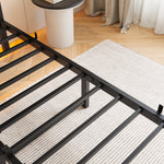 Full Size Metal Bed Frame with Wooden Headboard, RGB Lights, Outlets & Charger, Storage Shelf, Noise-Free, No Box Spring Needed W840P209906-djyc