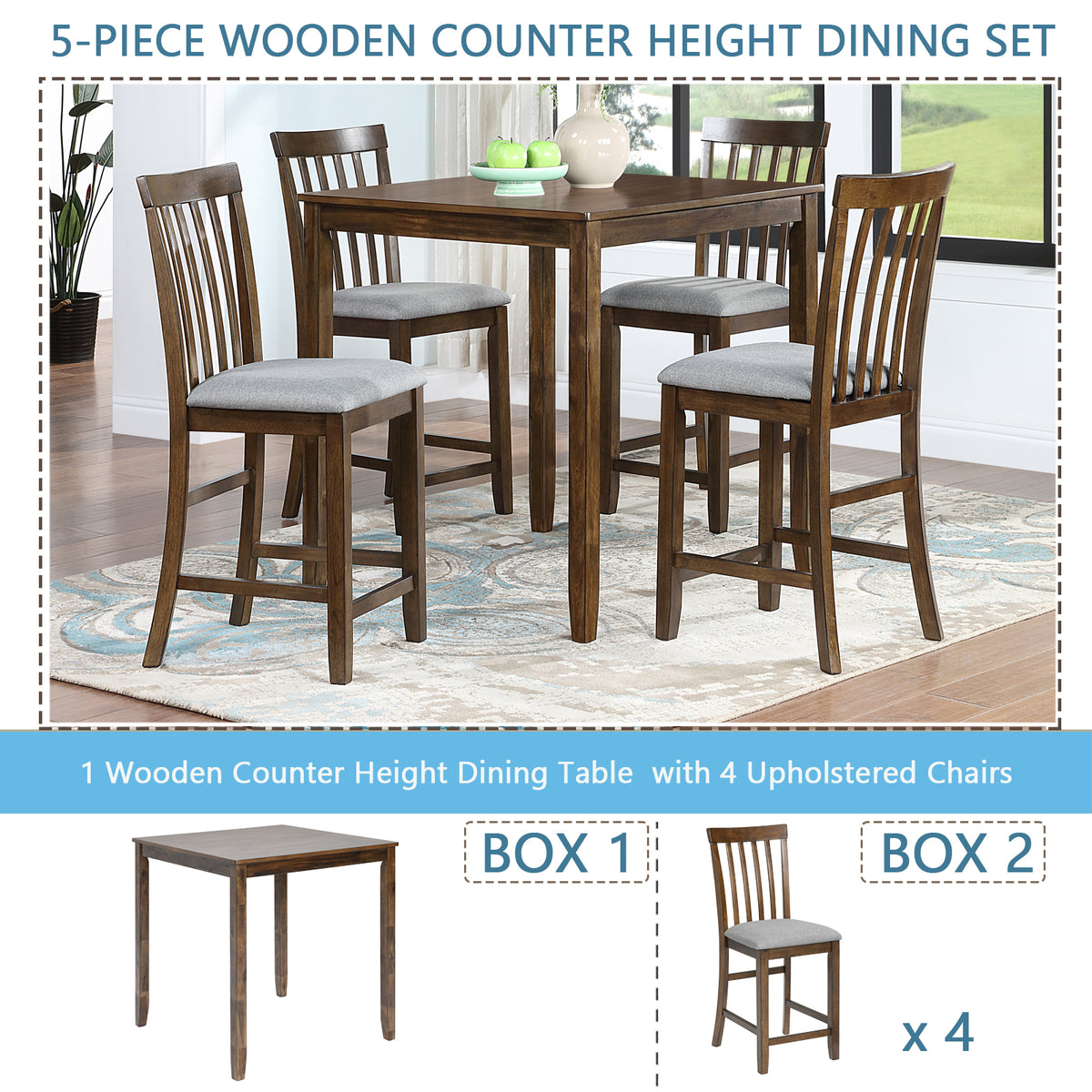 5 Piece Dining Table Set, Wooden Dining Square Table Set for 4, Counter Height Kitchen Table Set with Square Table and 4 Upholstered Chairs for Small Space, Walnut W1998S00034-djyc