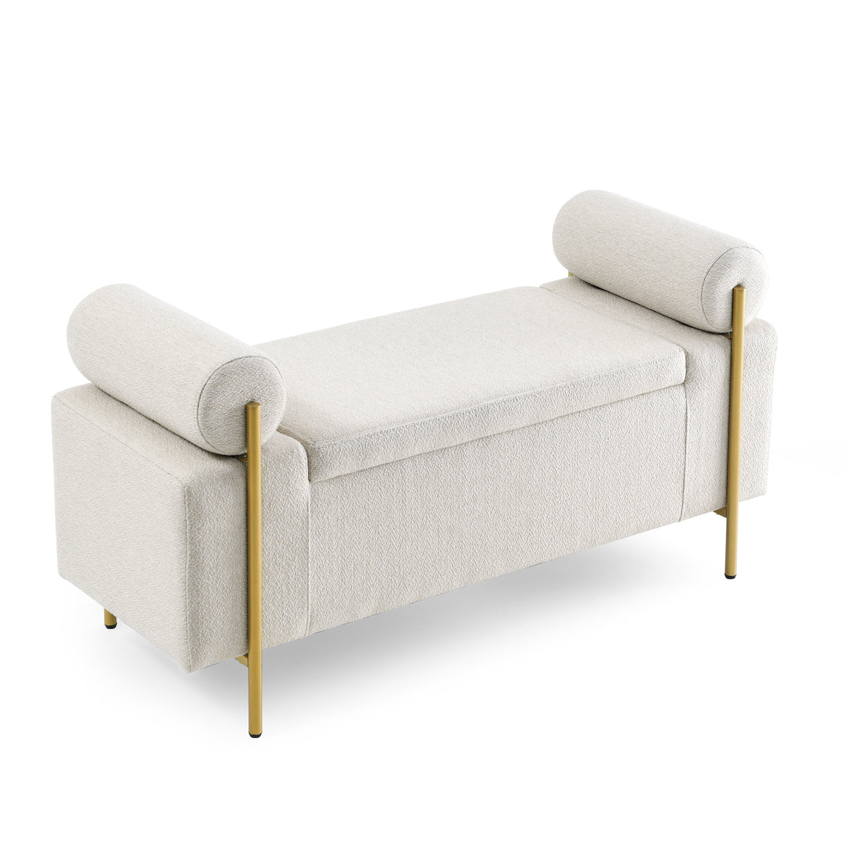 Elegant Upholstered Linen Storage Bench with Cylindrical Arms and Iron Legs for Hallway Living Room Bedroom, Beige W487128011-djyc