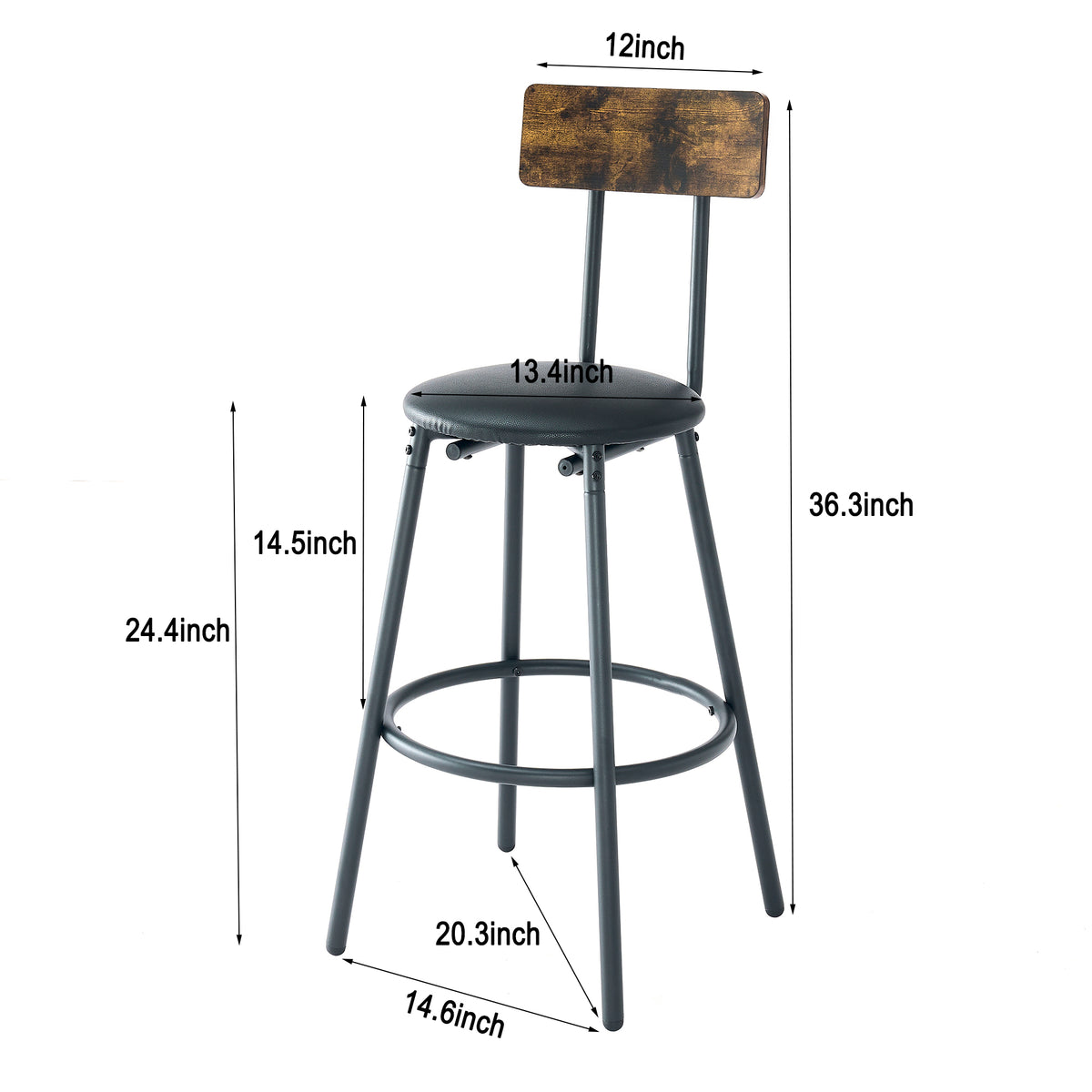 Round bar table and stool set with shelf, upholstered stool with backrest, Rustic Brown, 24.17"W x 24.17"D x 36.02"H W1903P149221-djyc