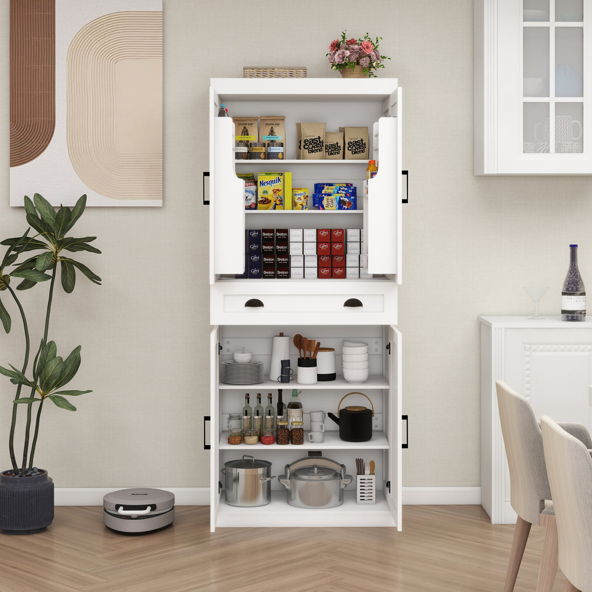 71" Kitchen Pantry Storage Cabinetwith 4 Doors(2Doors with Racks),1 Drawer, 2 Adjustable Shelves, Freestanding Cupboard for Kitchen, Dining Room and Living Room-White W282108550-djyc