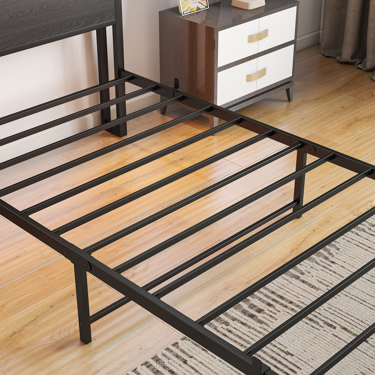 Twin Size Bed Frame with Storage Headboard, Metal Platform Bed with Charging Station, Bookcase Storage, No Box Spring Needed, Easy Assembly W840P201065-djyc