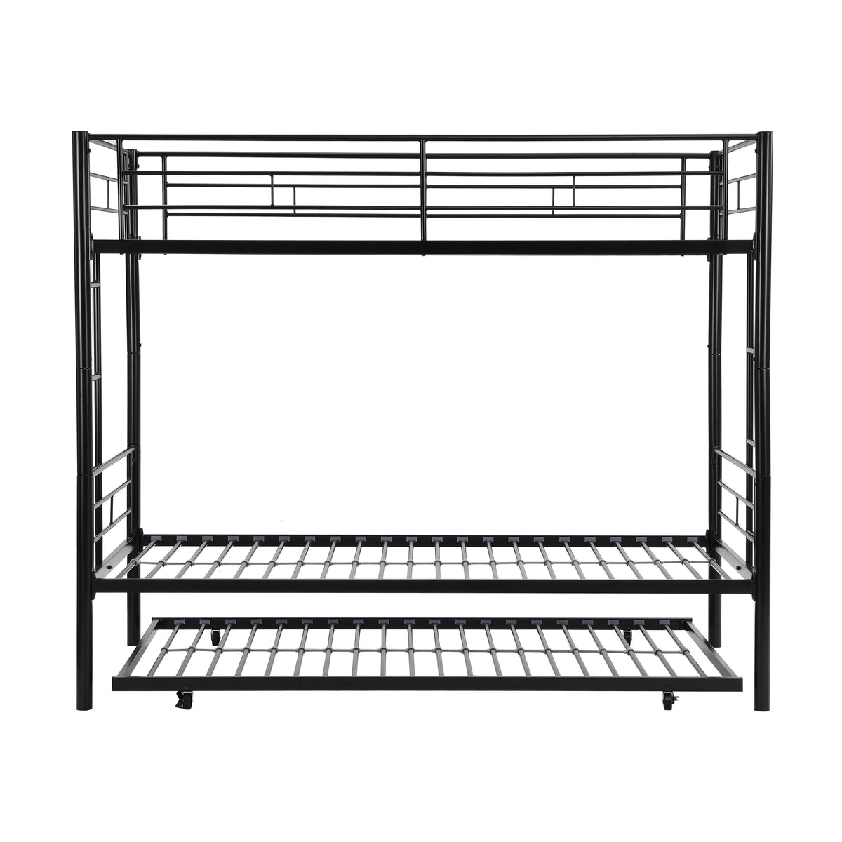 Over Twin Bunk Bed Frame with Trundle,Metal Bunkbed with Sturdy Guard Rail and 2 sideLadders for Kids/Adults,Can be Divided Into Two Beds, No Box Spring Needed, Noise Free for Dorm,Black W1916115338-djyc