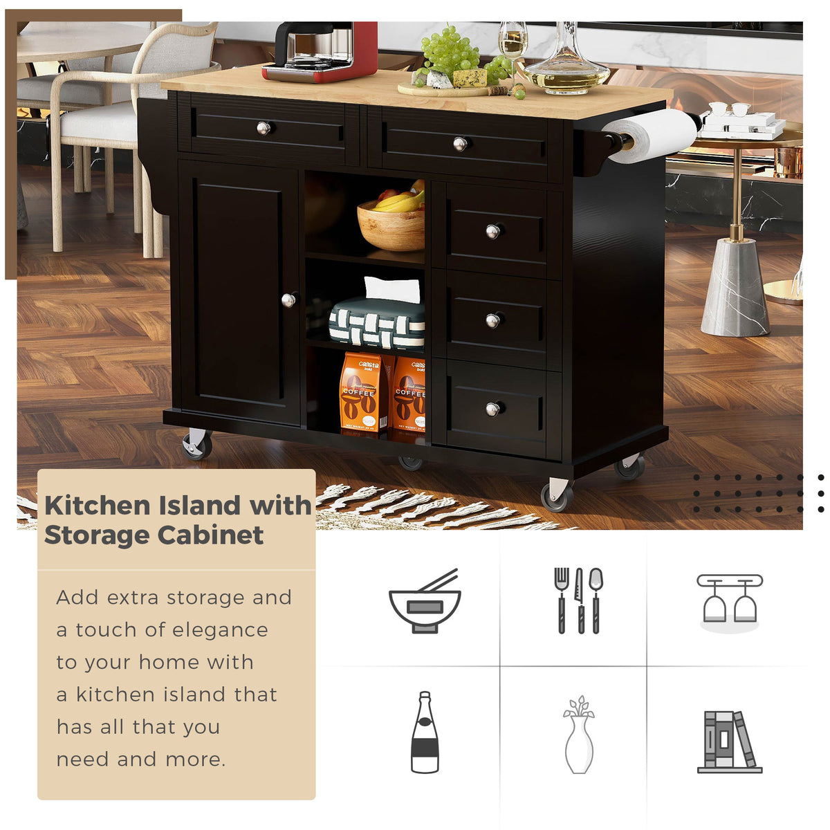 Kitchen cart with Rubber wood desktop rolling mobile kitchen island with storage and 5 drawers 53 Inch length (Black) WF297003AAB-djyc