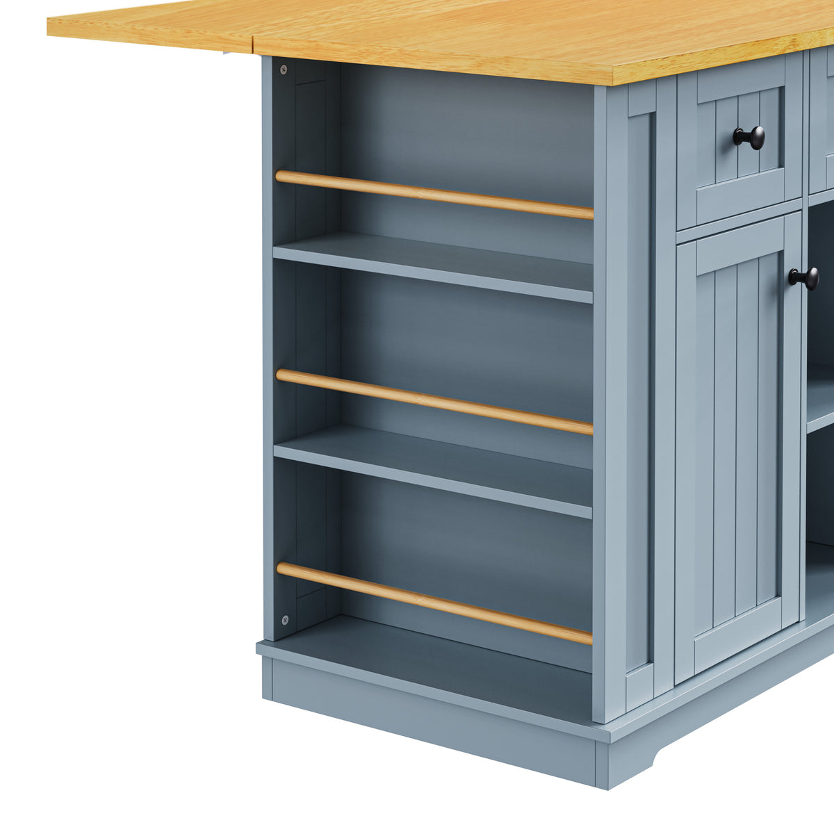 K&K 53inch Large Kitchen Island with Drop Leaf,Power Outlet,Door Internal Storage Rack,Rolling Kitchen Cart on 5 Wheels with 5 Open Side Racks for Kitchen,Dining Room,Grey Blue(Not include bar stools) N707P185531G-djyc