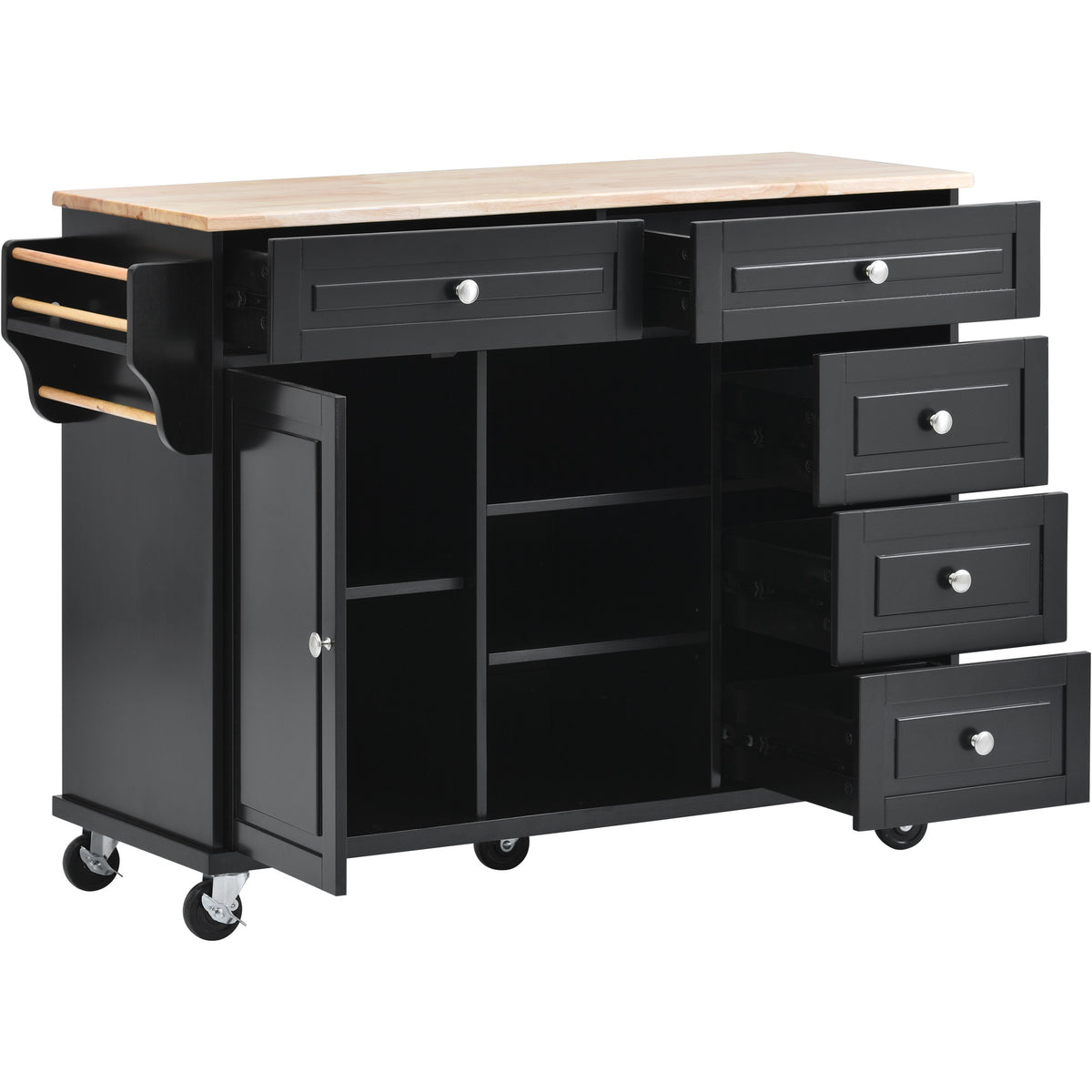 Kitchen cart with Rubber wood desktop rolling mobile kitchen island with storage and 5 drawers 53 Inch length (Black) WF297003AAB-djyc