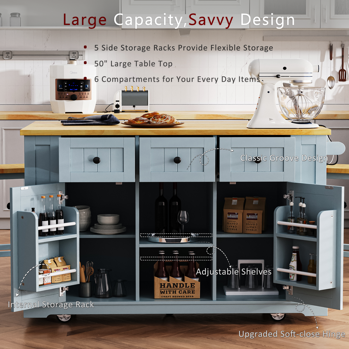 K&K 53inch Large Kitchen Island with Drop Leaf,Power Outlet,Door Internal Storage Rack,Rolling Kitchen Cart on 5 Wheels with 5 Open Side Racks for Kitchen,Dining Room,Grey Blue(Not include bar stools) N707P185531G-djyc