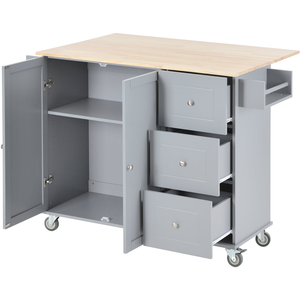 Rolling Mobile Kitchen Island with Solid Wood Top and Locking Wheels,52.7 Inch Width,Storage Cabinet and Drop Leaf Breakfast Bar,Spice Rack, Towel Rack & Drawer (Grey Blue) WF287035AAG-djyc