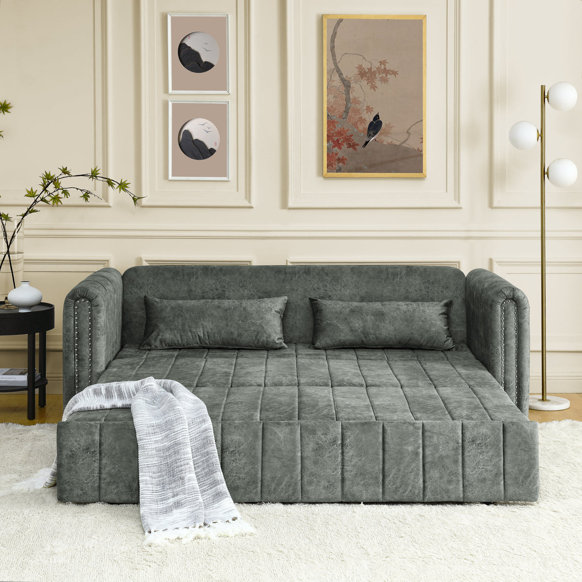 3 in 1 Pull-Out Bed Sleeper, Modern Upholstered 3 Seats Lounge Sofa & Couches with Rolled Arms Decorated with Copper Nails , Convertible Futon 3 Seats Sofabed with Two Drawers and Two Pillows W487S00212-djyc