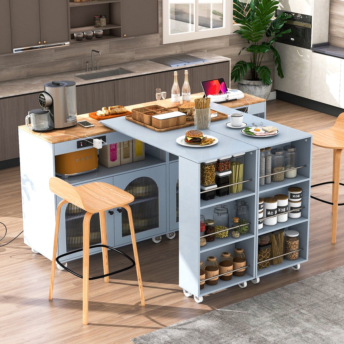 K&K Rolling Kitchen Island With Extended Table, Kitchen Island on Wheels with LED Lights,Power Outlets and 2 Fluted Glass Doors, Kitchen Island with a Storage Compartment and Side 3 Open Shelves, Grey WF316018AAG-djyc