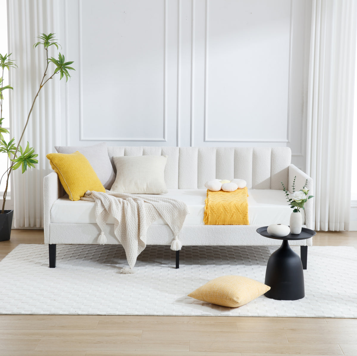 Elena Twin Size Ivory Boucle Upholstered Daybed, Ribbed Tufted Backrest, Daybed in Lavish Modern Design, Richly Hued Foam Comfort B083P163439-djyc