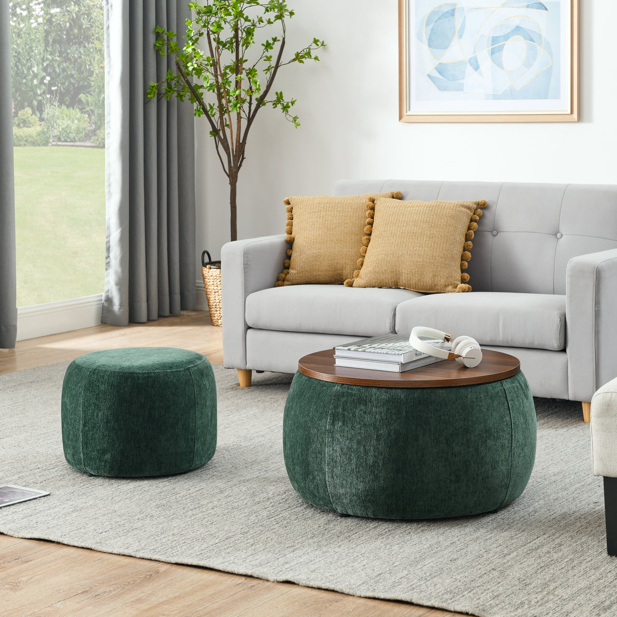 Round Storage Ottoman, 2 in 1 Function, Work as End table and Ottoman,with small seat,Green(25"x25"x14.7") W487P165701-djyc