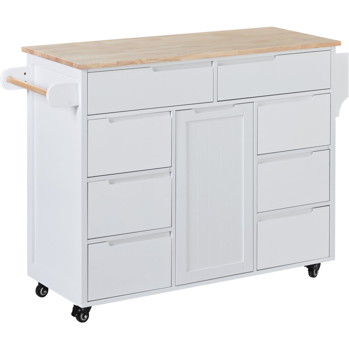 K&K Store Kitchen Cart with Rubber Wood Countertop , Kitchen Island has 8 Handle-Free Drawers Including a Flatware Organizer and 5 Wheels for Kitchen Dinning Room, White SK000002AAW-djyc