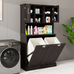 Two-Compartment Tilt-Out Dirty Laundry Basket Tall Bathroom Cabinet with 2 Adjustable Shelves-Black W1120S00002-djyc