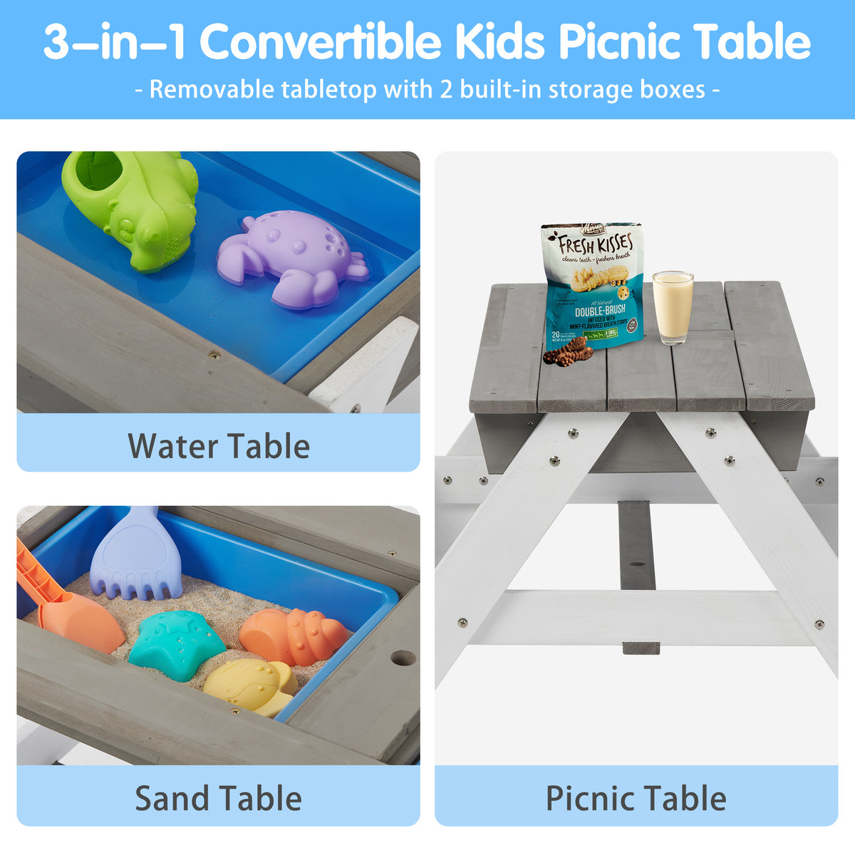 3-in-1 Kids Outdoor Wooden Picnic Table With Umbrella, Convertible Sand & Wate, Gray ASTM & CPSIA CERTIFICATION W1390104709-djyc