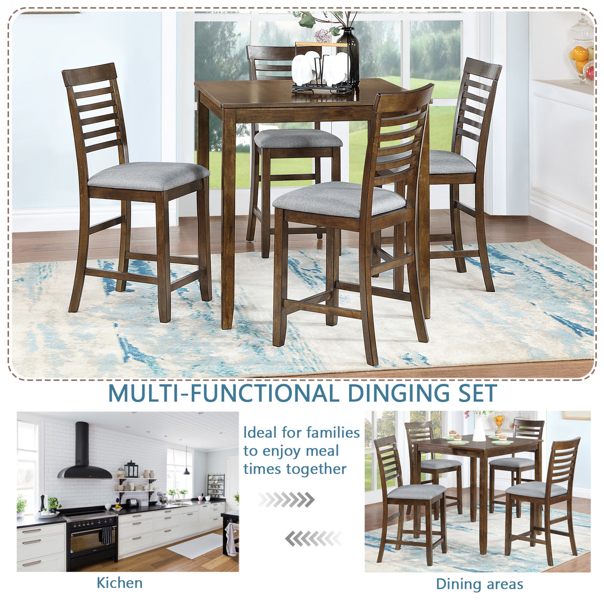 5 Piece Dining Table Set, Wooden Dining Square Table Set for 4, Counter Height Kitchen Table Set with Square Table and 4 Upholstered Chairs for Small Space, Walnut W1998S00033-djyc