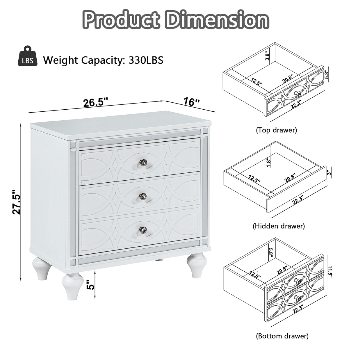 Contemporary Nightstands with mirror frame accents, Bedside Table with two drawers and one hidden drawer, End Table with Crystal Pull for Living Room,Bedroom, White W1998131732-djyc