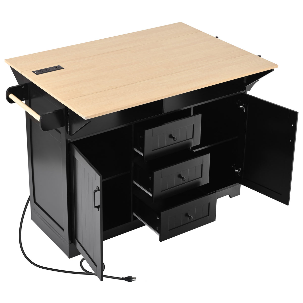 K&K 55.7'' Large Kitchen Island with 2 Drop Leaf,, Rolling Kitchen Cart on 5 Wheels with Power Outlet, Folding Storage Dining Table with Spice & Towel Rack , 3 Drawers, for Kitchen, Dining Room,Black N707P186617B-djyc