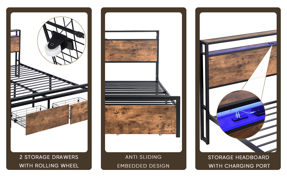 Full Size Bed Frame with Storage Headboard and 2 Drawers, LED Lights Bed with Charging Station, Metal Platform Bed No Noise, Mattress Foundation Strong Metal Slats Support No Box Spring Needed W1916126252-djyc