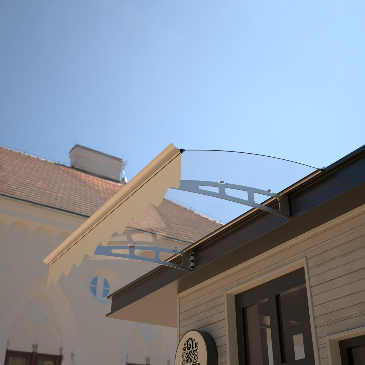 DA4734W Series Door Window Awning Made of0.137 Inch Thick Crystal Solid Polycarbonate Sheet and Aluminum Alloy with Valance in size of 47' Wide x 34' Deep for Wooden Wall House W2205P179738-djyc