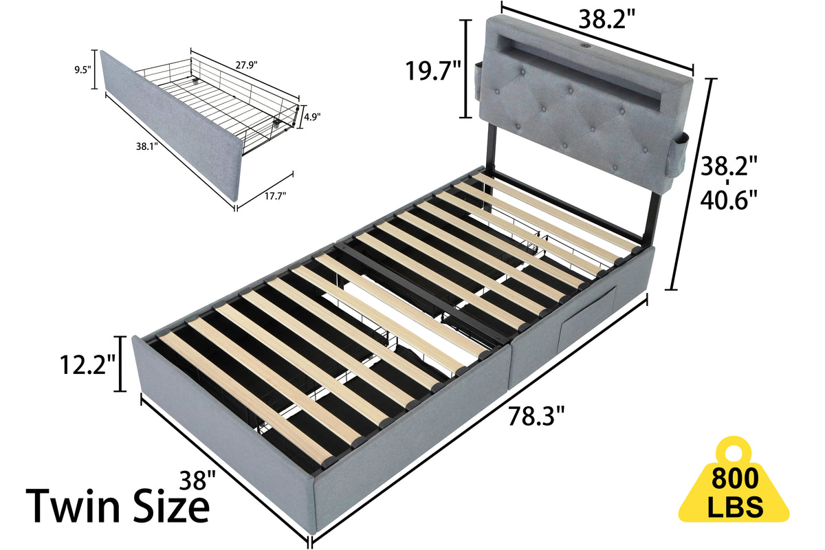 Twin Bed Frame with USB Charging Station & LED Lights, Twin Bed Frame with Headboard & 4 Storage Drawers W1960P175563-djyc