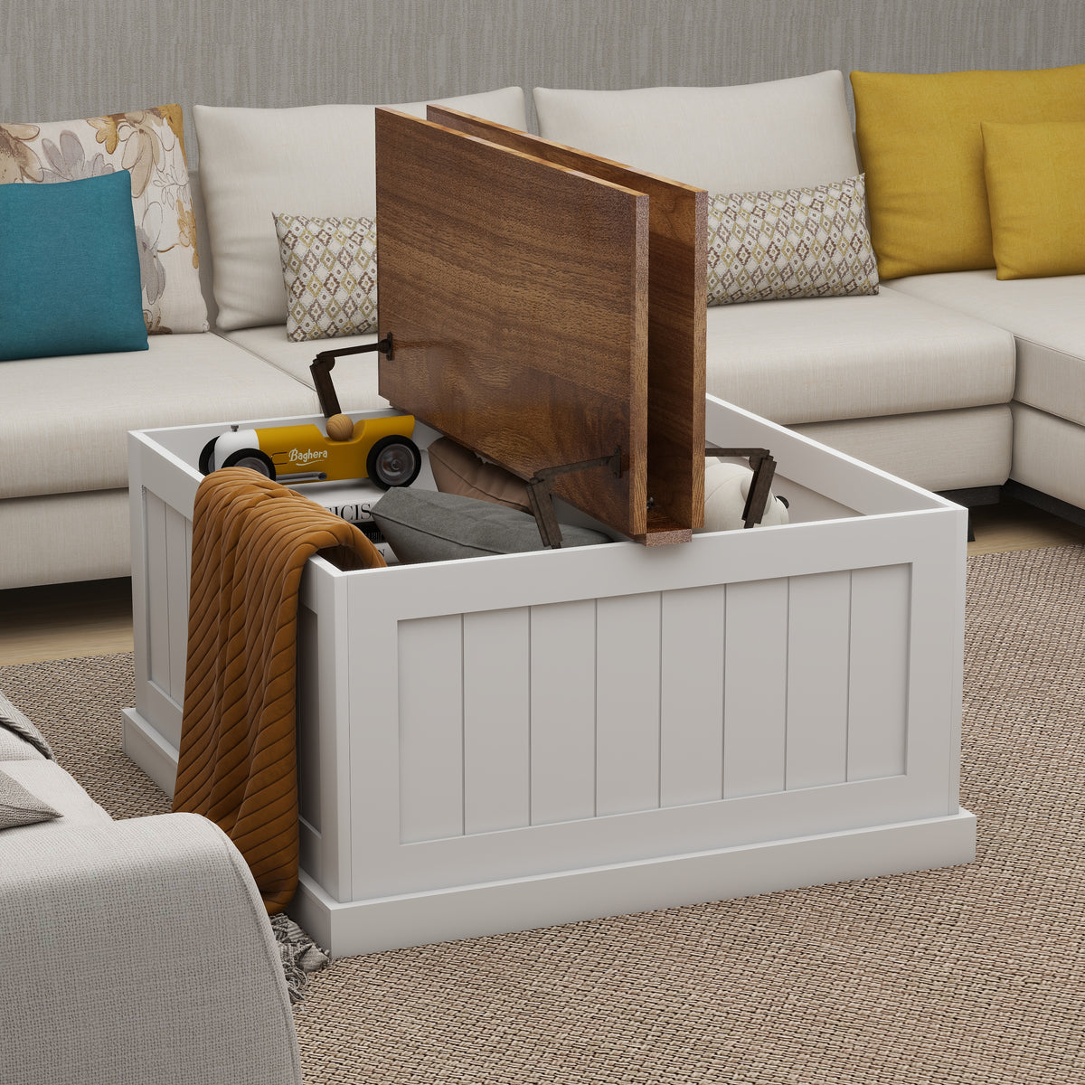 31.5" Farmhouse Coffee Table, Square Wood Center Table with Hinged Lift Top, Rustic Cocktail Table with Large Hidden Storage Compartmen for Living Room-White W282P160415-djyc