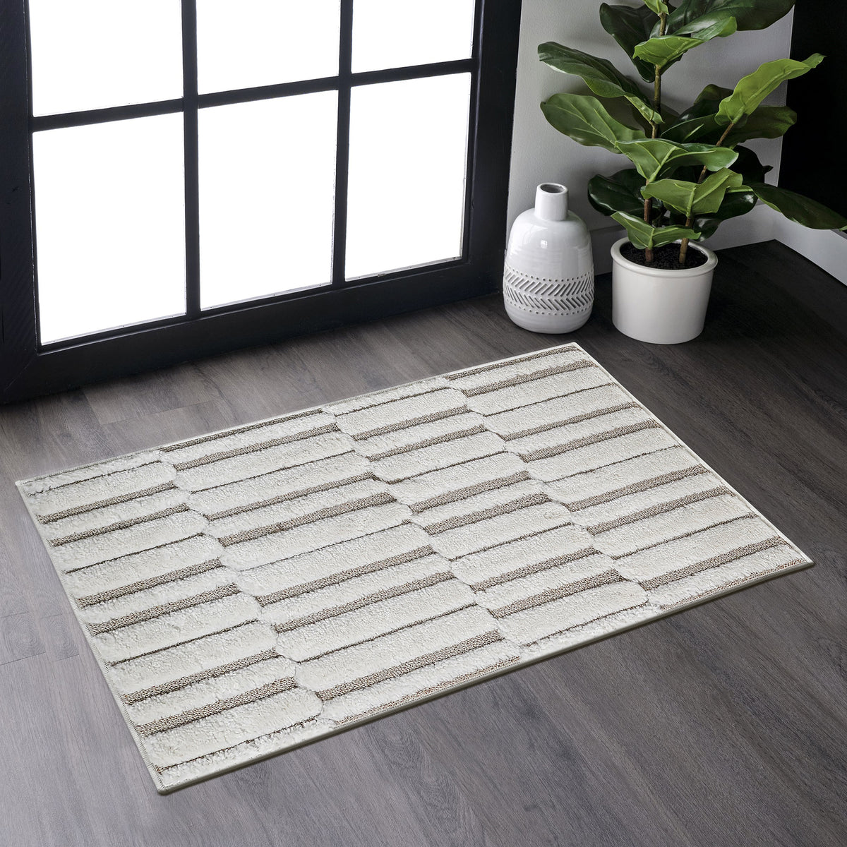 Step Collection High-Low Striped Beige/Cream Indoor Area Rug, 2'x3', Modern, Contemporary, Geometric, Bohemian, Bedroom, Kitchen, Living Room, Doormat, Non Shedding Carpet-B189P448785