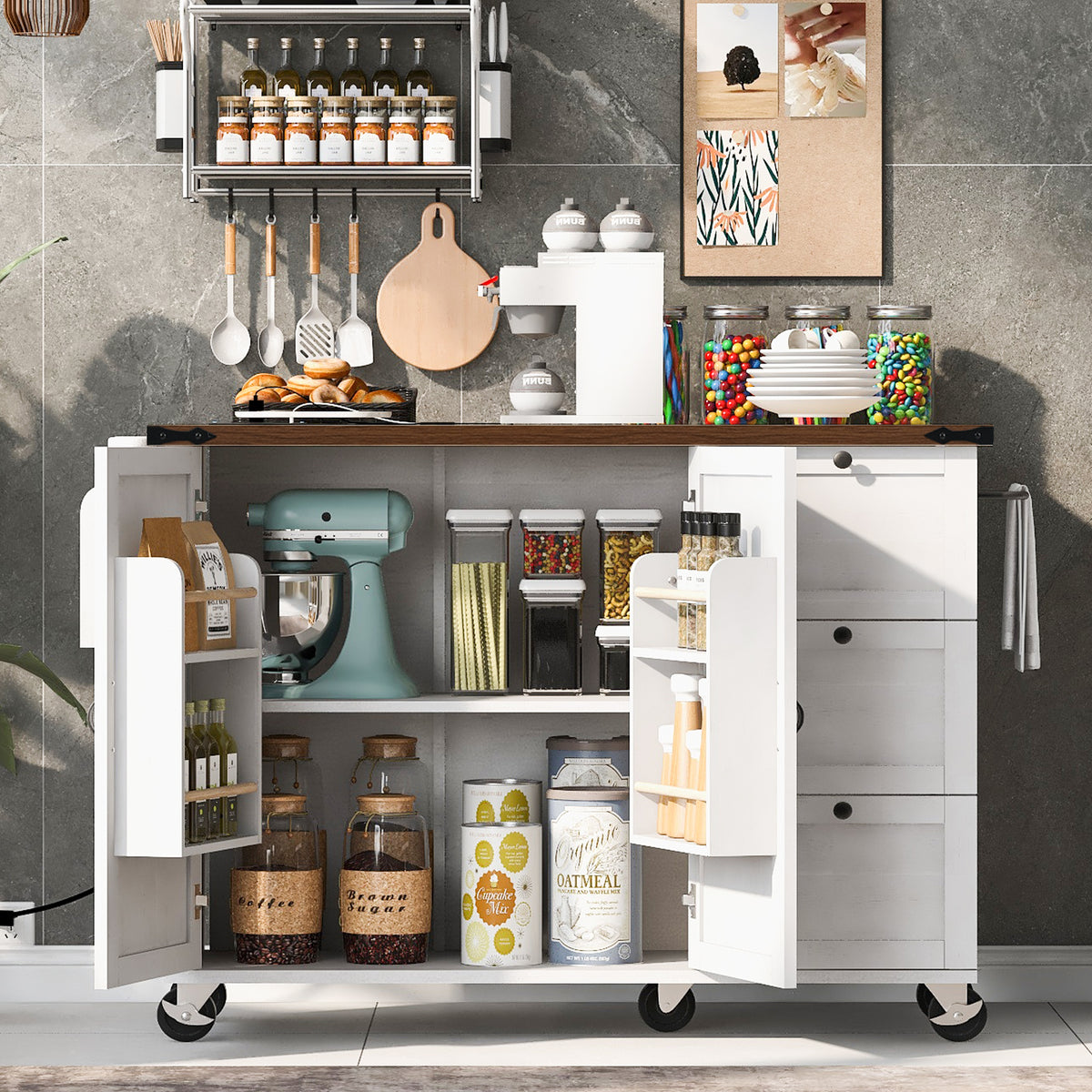 K&K 54.5" Farmhouse Kitchen Island with Power Outlet, Kitchen Storage Islandwith Internal Storage Rack, Drop Leaf, Spice Rack, Rolling Kitchen Cart on Wheels, for Home, Kitchen and Dining Room,White N707P170349W-djyc