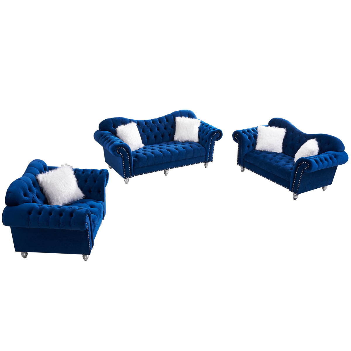 3 Piece Living Room Sofa Set, including 3-Seater Sofa, Loveseat and Sofa Chair, with Button and Copper Nail on Arms and Back, Five White Villose Pillow, Blue. W487S00051-djyc