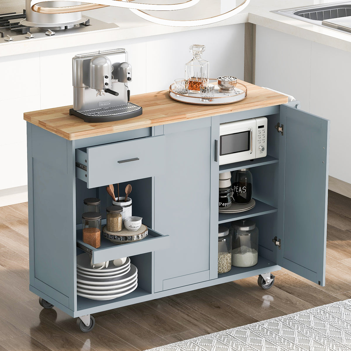 K&K Kitchen Island with Foldable Counter Top, Kitchen Storage Cart with Slide-Out Shelf, Towel Rack and Drawer, Rolling Kitchen Cart on Wheels, for Kitchen, Living Room, Dining Room, Grey Blue N707P173036G-djyc