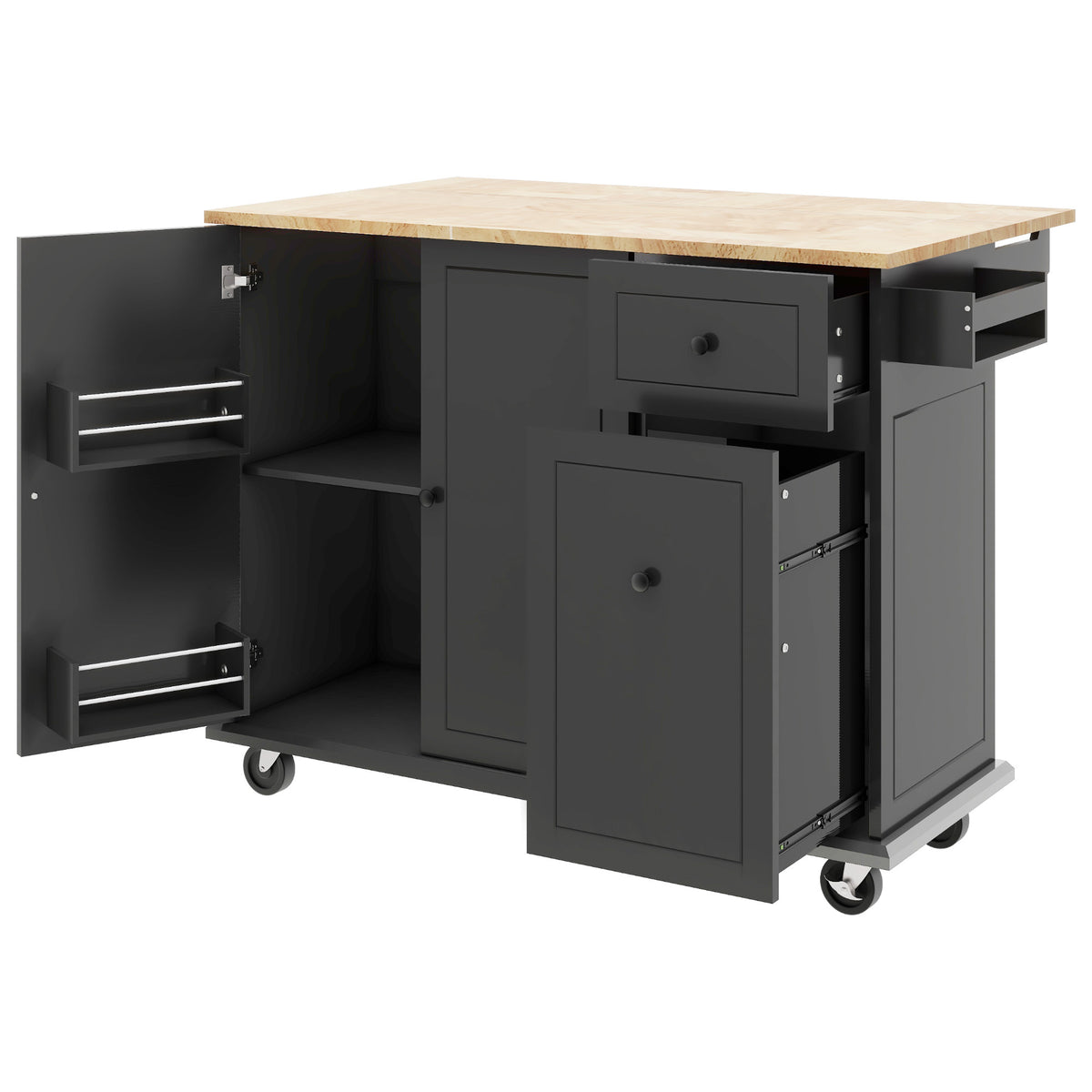 Kitchen Island with Drop Leaf, 53.9" Width Rolling Kitchen Cart on Wheels with Internal Storage Rack and 3 Tier Pull Out Cabinet Organizer, Kitchen Storage Cart with Spice Rack, Towel Rack (Black) WF312383AAB-djyc