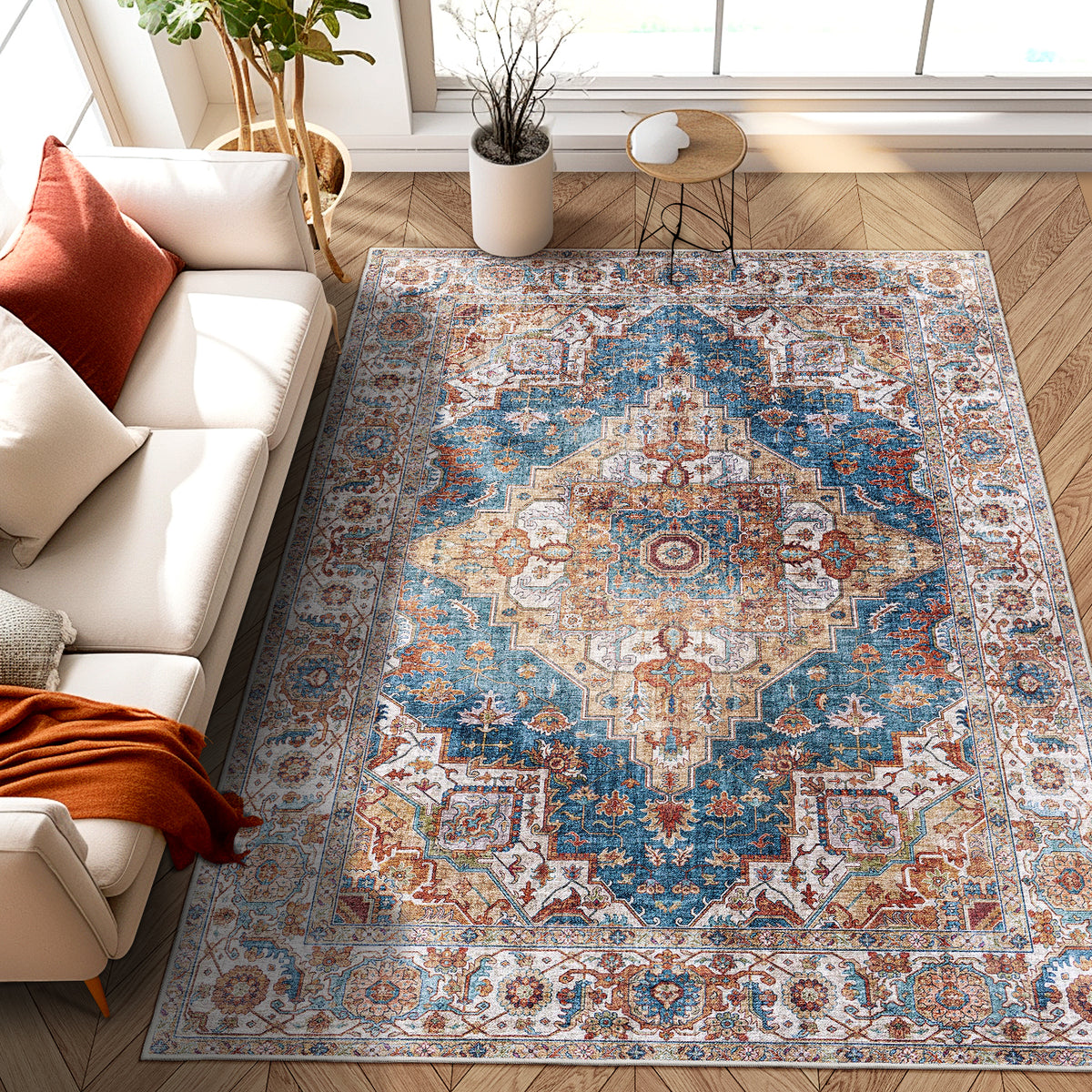 Area Rug 5x7 Vintage Bohemia Large Persian Non-slip Washable Rug For Living Room Kitchen Bedroom Living Room Flower Design Blue/Yellow-W2907P265032