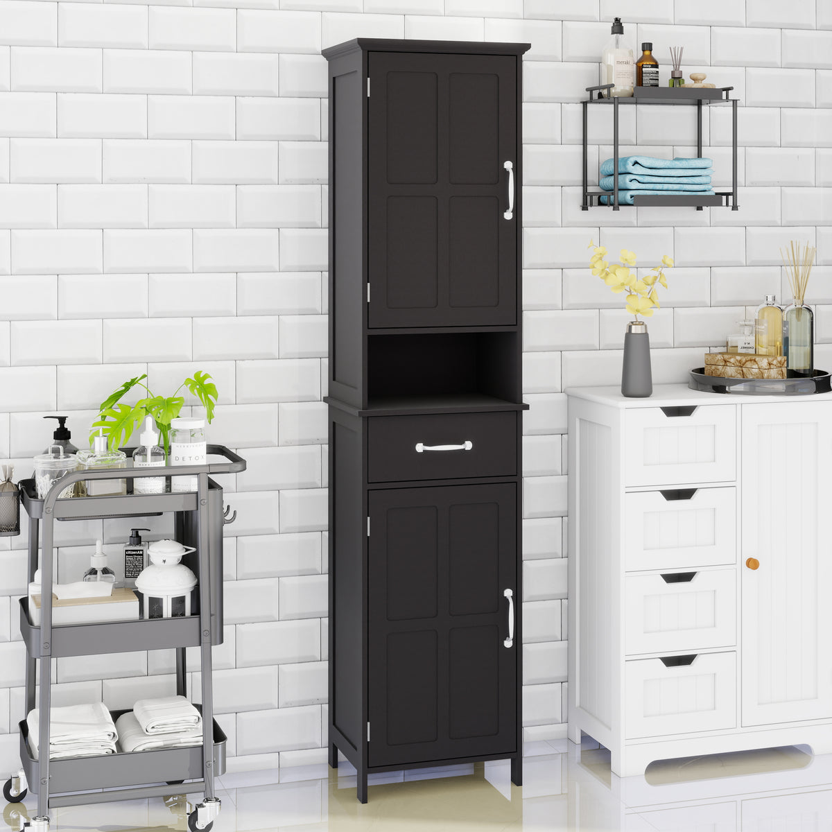 Double Door Narrow Height Slim Floor Standing Cabinet with 2 Adjustable Shelves-Black W282P171953-djyc