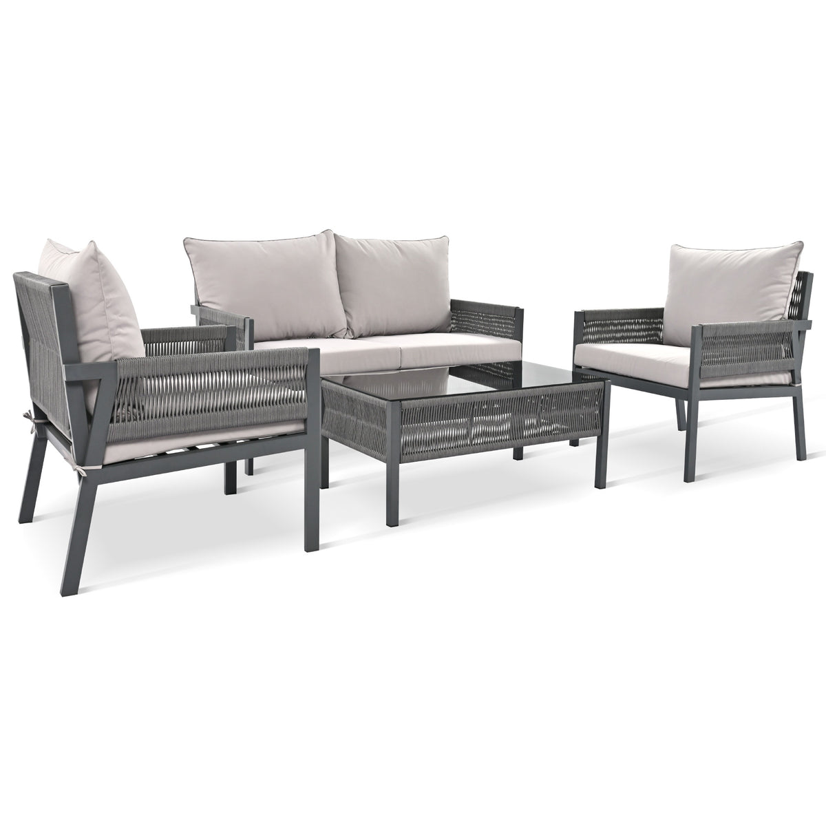 K&K 4-Piece Rope Patio Furniture Set, Outdoor Furniture with Tempered Glass Table, Patio Conversation Set Deep Seating with Thick Cushion for Backyard Porch Balcony (Grey) SK000003AAG-djyc