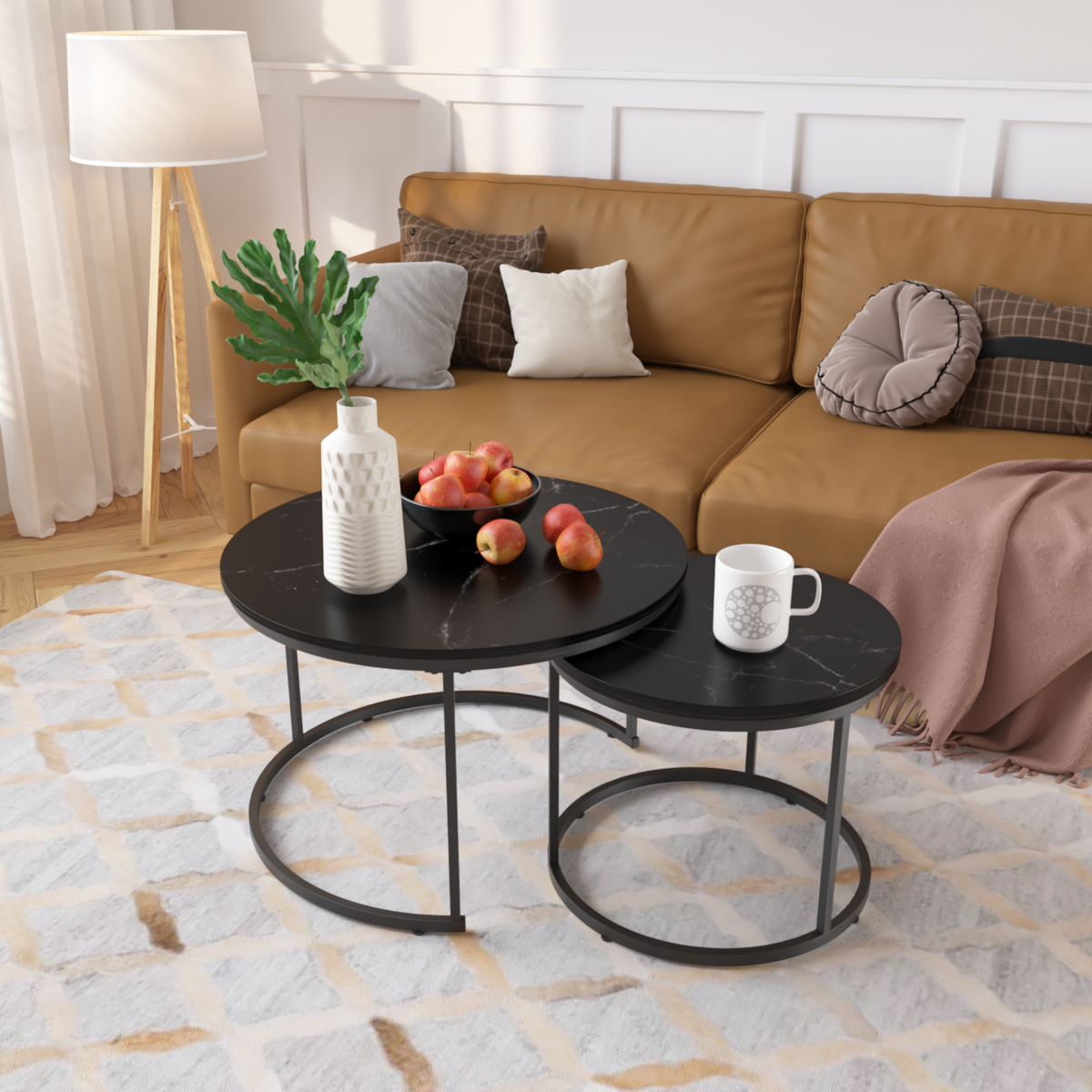 Nesting Coffee Table Set of 2, 27.6inch Round Coffee Table Wood Marble Pattern Top with Sturdy Metal Frame, End Table Side Tables for Living Room Bedroom Balcony Yard (Black) W808P176723-djyc