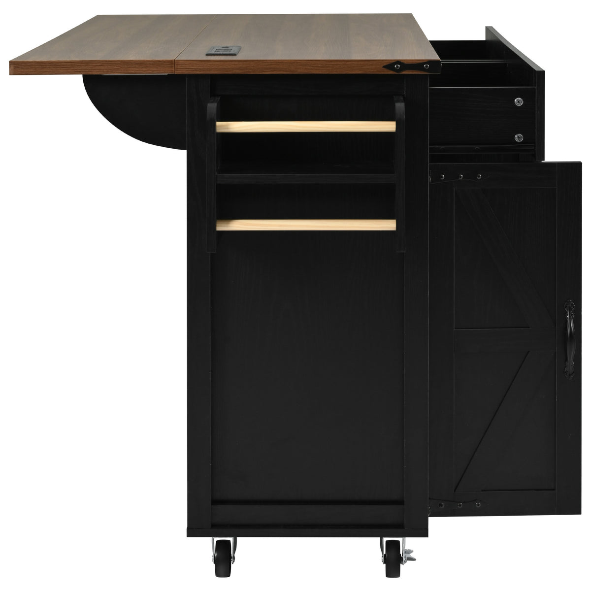 K&K 53.5''Farmhouse Kitchen Island with Power Outlet, Kitchen Storage Island with Drop Leaf, Spice Rack and Drawer, Rolling Kitchen Cart on Wheels, for Home, Kitchen and Dining Room, Black N707P170348B-djyc