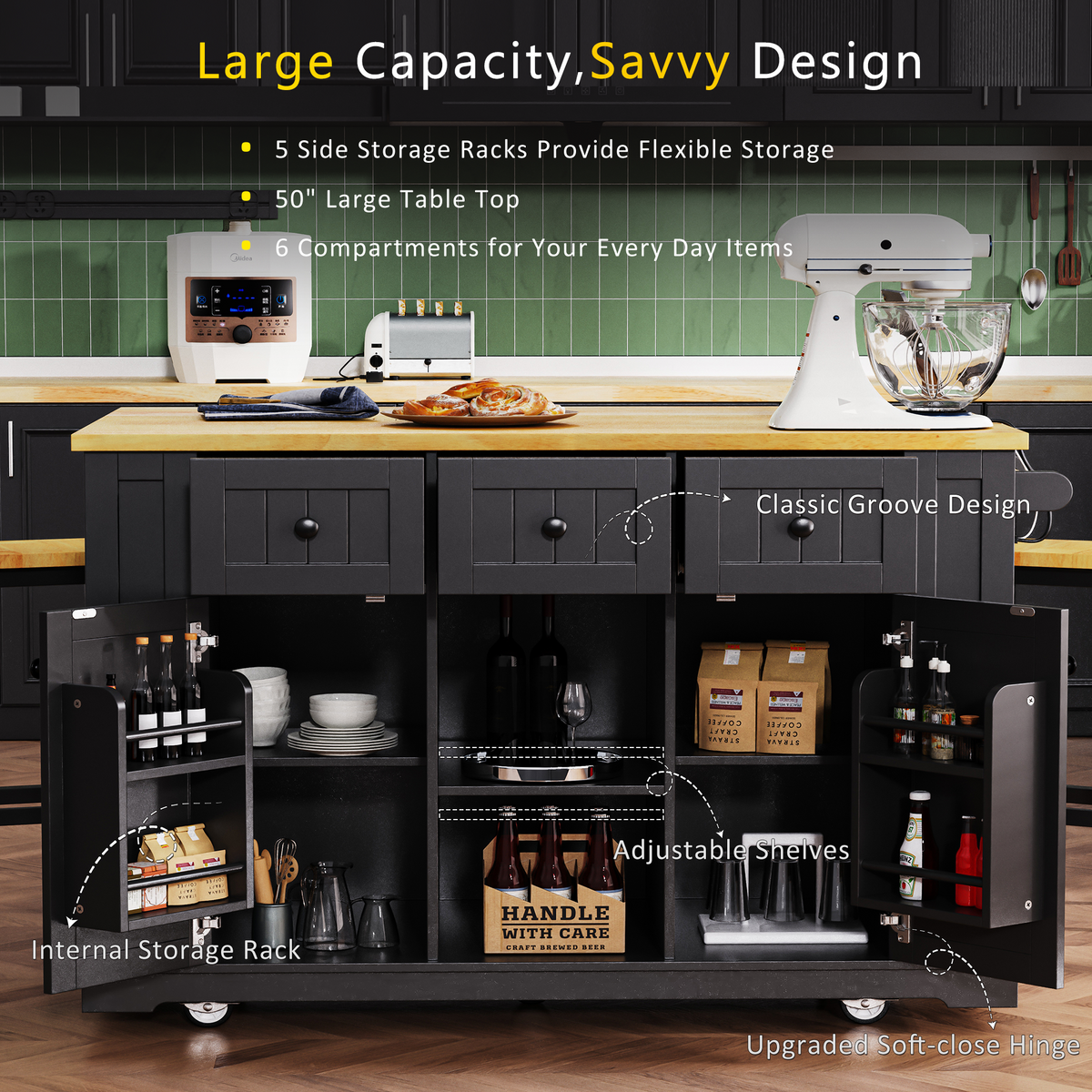 K&K 53inch Large Kitchen Island with 2 Bar Stools, Power Outlet,Door Internal Storage Rack, Kitchen Storage Cart on 5 Wheels with Drop Leaf, 5 Open Side Racks, 3 Drawers, for Kitchen,Dining Room,Black N707S000007B-djyc